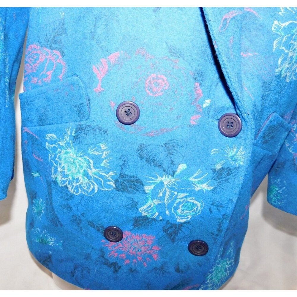VTG LOUBEN Women 8 Blue Floral Wool Blend Oversized Blazer Jacket Shoulder Pads - Picture 7 of 12